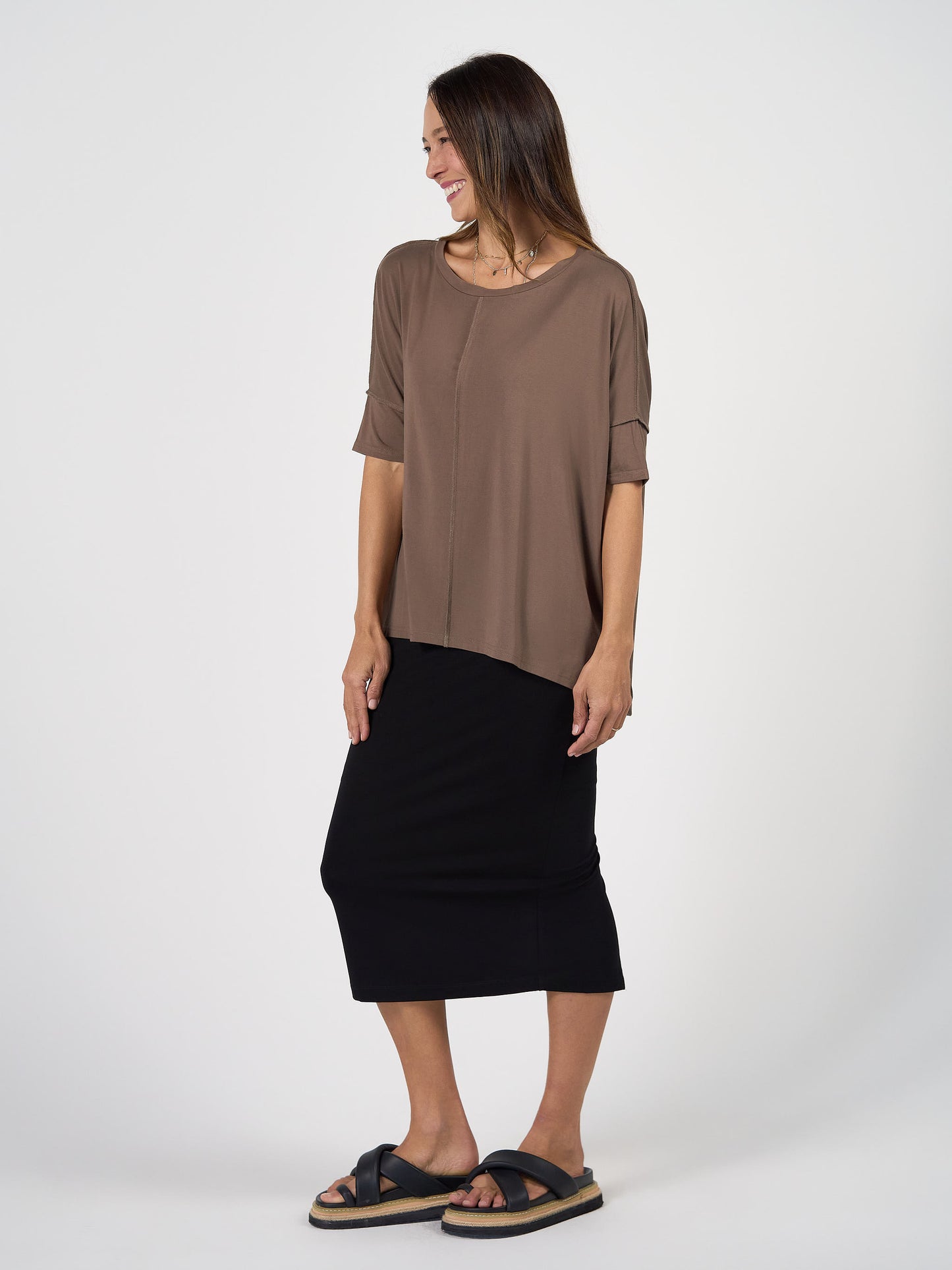 Lou Lou Australia's Stella Oversized Bamboo Slouch T-Shirt in Chocolate.