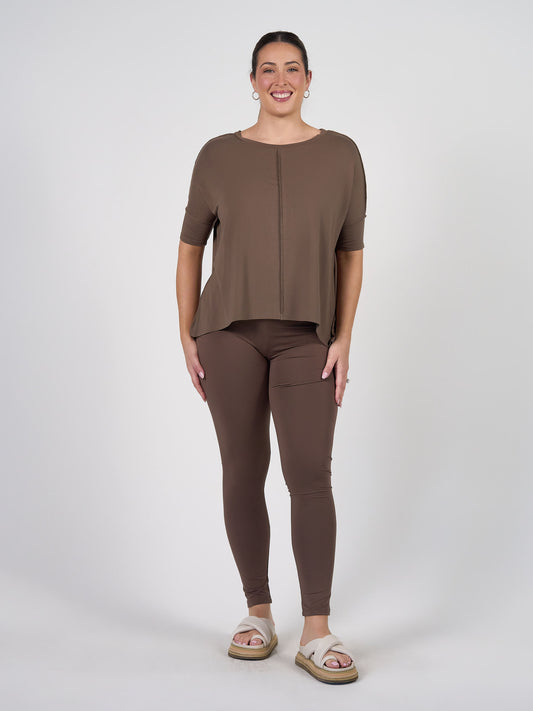 Lou Lou Australia Stella Oversized Bamboo Slouch T-Shirt in Chocolate with matching bamboo brown leggings.