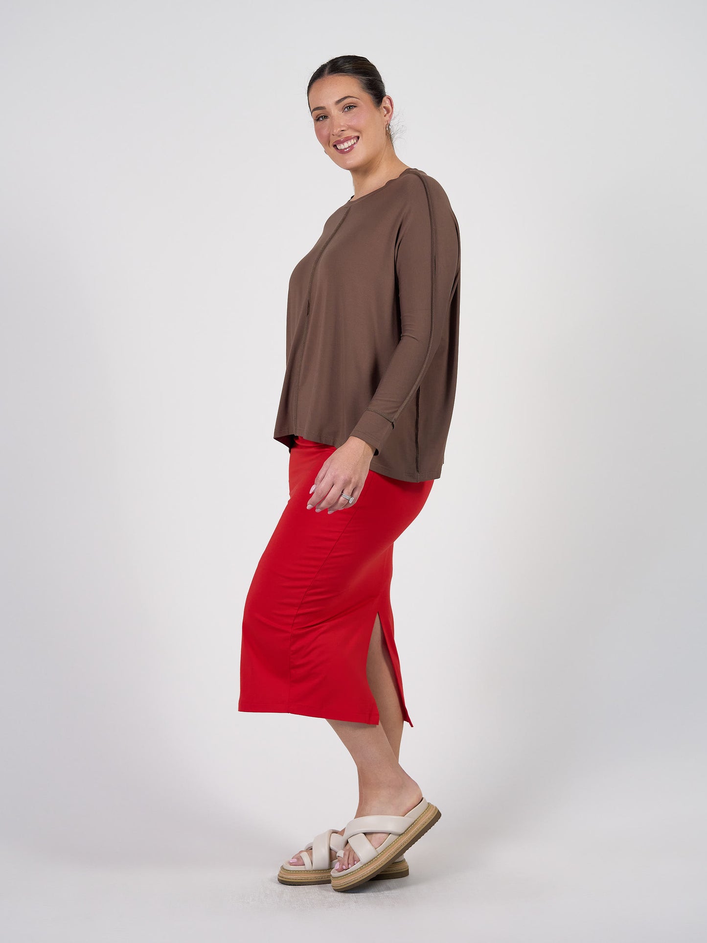 Lou Lou Australia Stella Longsleeve Oversized Bamboo Slouch Top in Chocolate.