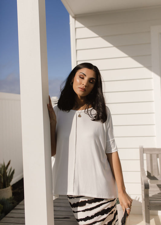 Lou Lou Australia Stella Oversized Bamboo Slouch T-Shirt in Cream, made from soft bamboo fabric.