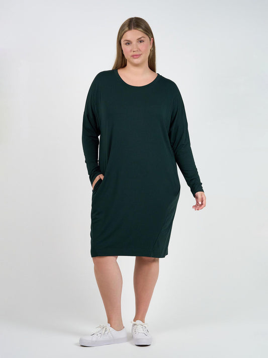 Turner Long-Sleeve Bamboo T-Shirt Dress - Dark Green
