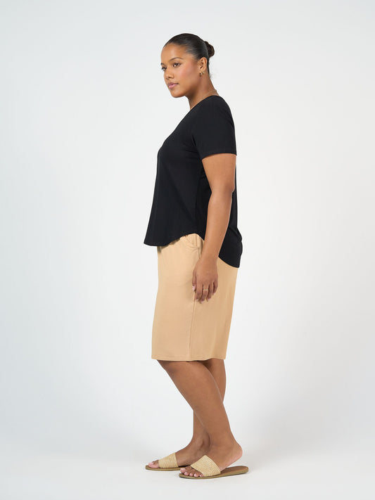 Lou Lou Australia Veronica Bamboo V-Neck T-Shirt in black with short sleeves.