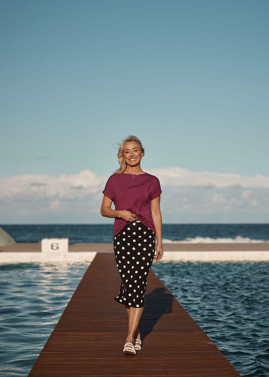 Lou Lou Australia Wilde Bamboo Box Fit Tee in Plum, made from bamboo with a relaxed box fit for comfort.