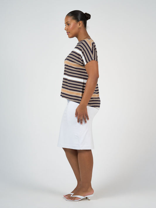 Lou Lou Australia Tan and Navy stripe t shirt and white knee length tube skirt