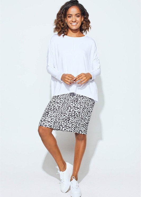 Lou Lou Australia Midi Bamboo Whitney Tube Skirt in Black Leopard, made from bamboo fabric with a black leopard print.