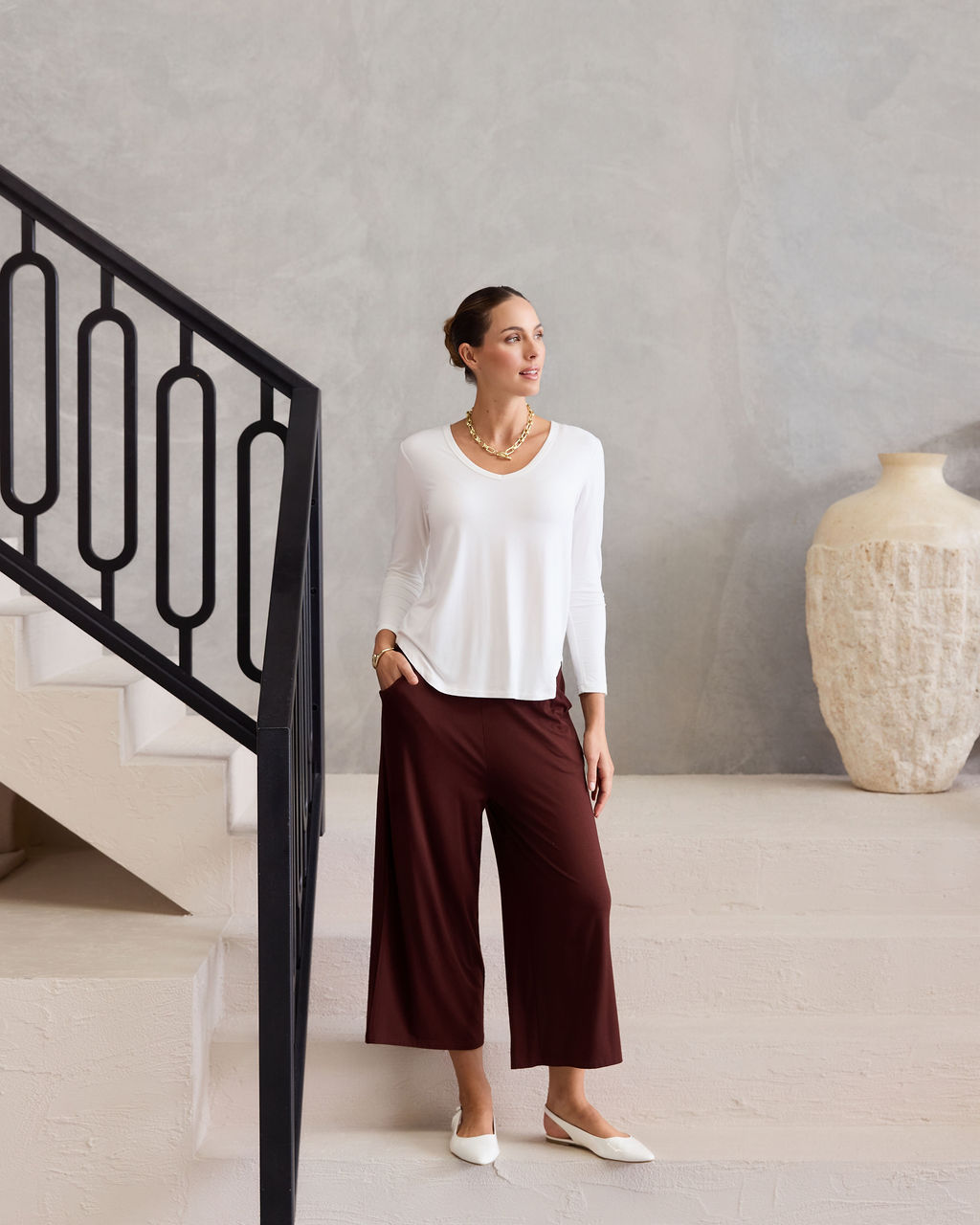 Sia V Neck Bamboo Longsleeve Top - Cream