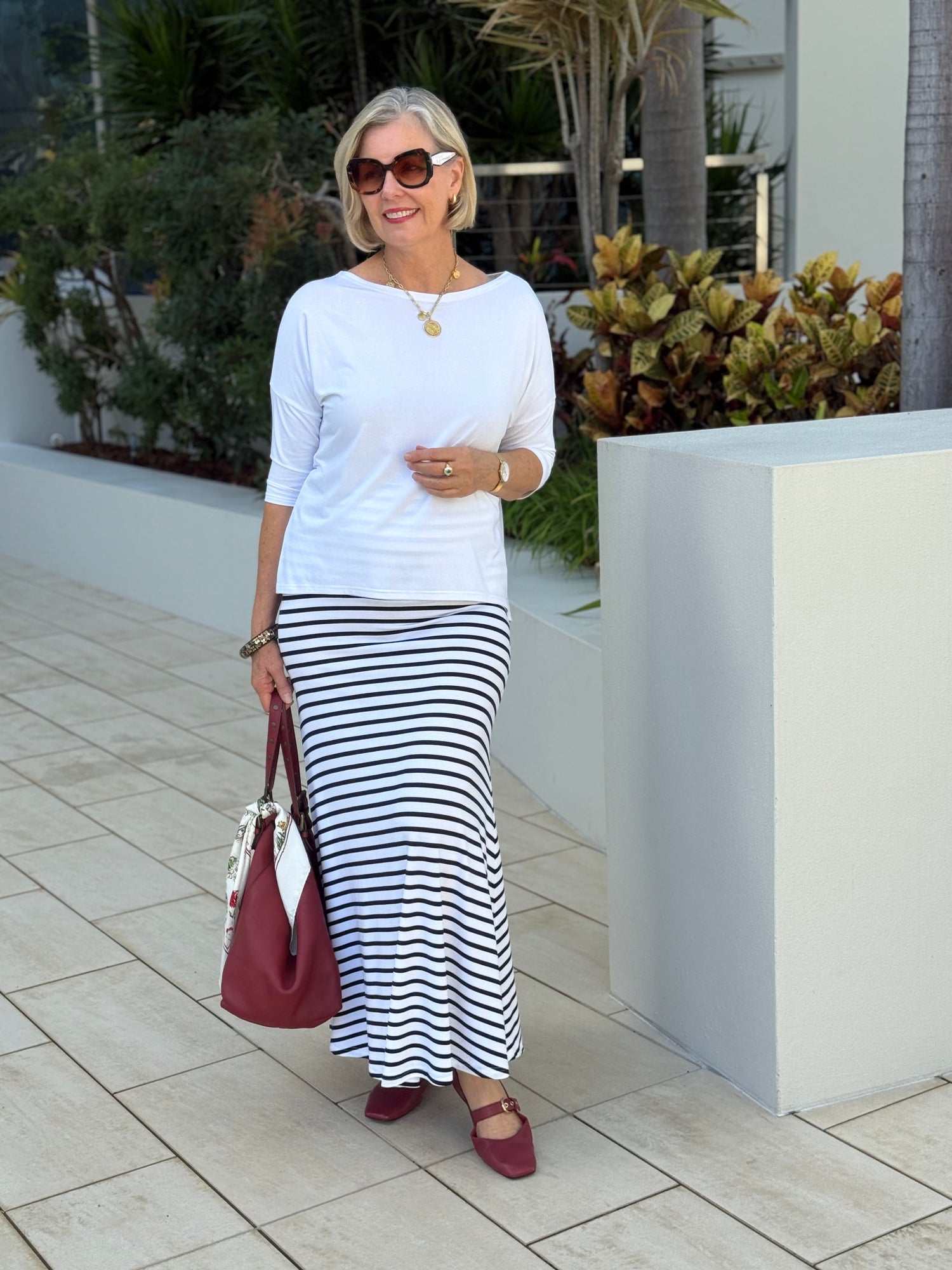 Linda Gowdie styled in Lou Lou Australia bamboo skirt and top — Styled with Linda edit