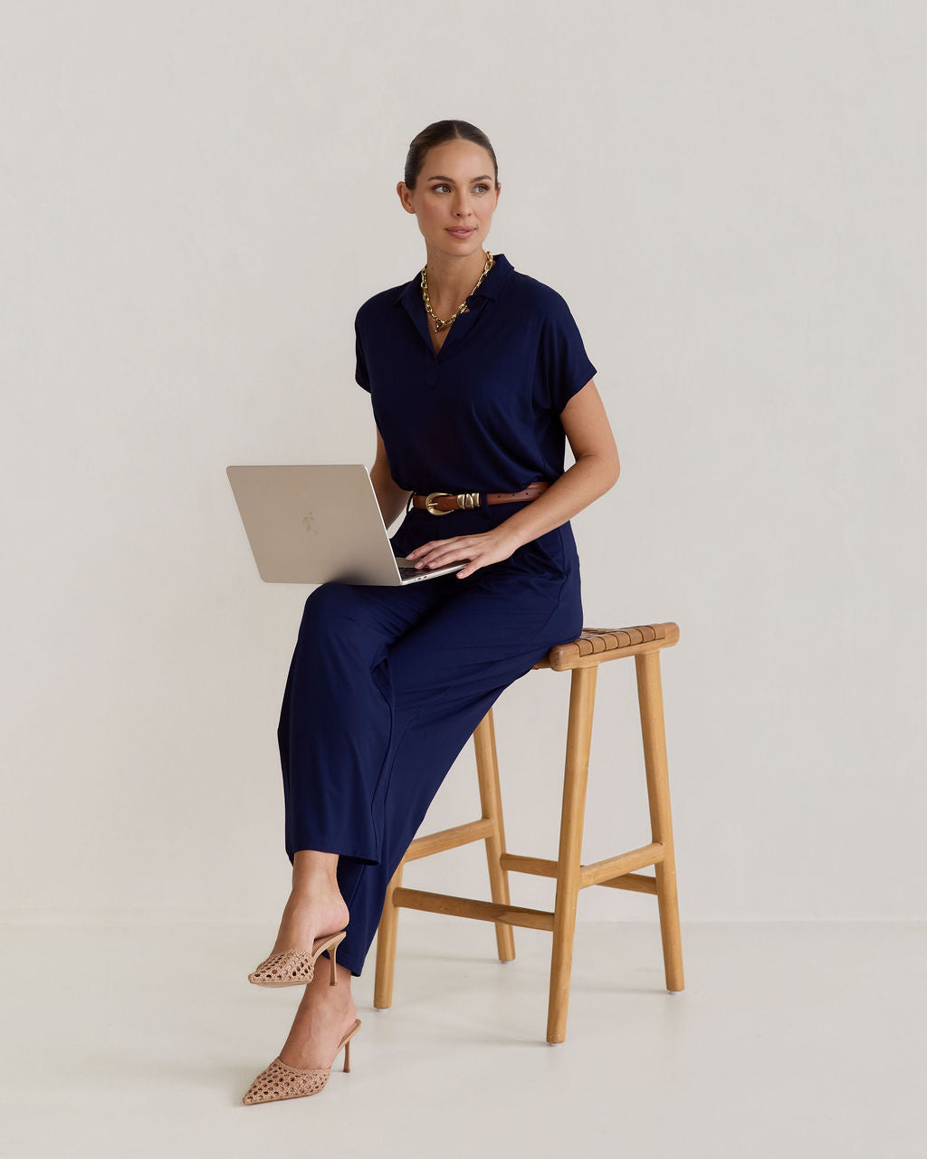 Lou Lou Australia Navy Bamboo Jumpsuit, featuring a relaxed fit and soft, sustainable bamboo fabric.