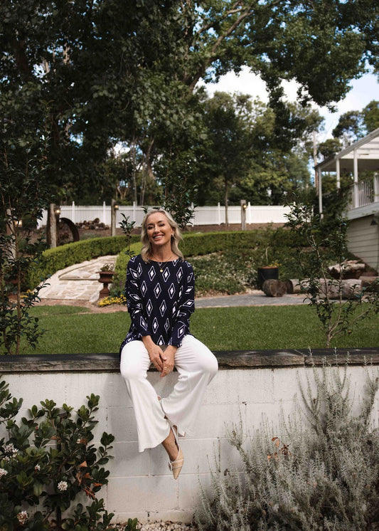 Susie Oversized Asymmetrical Bamboo Top - Navy Diamond