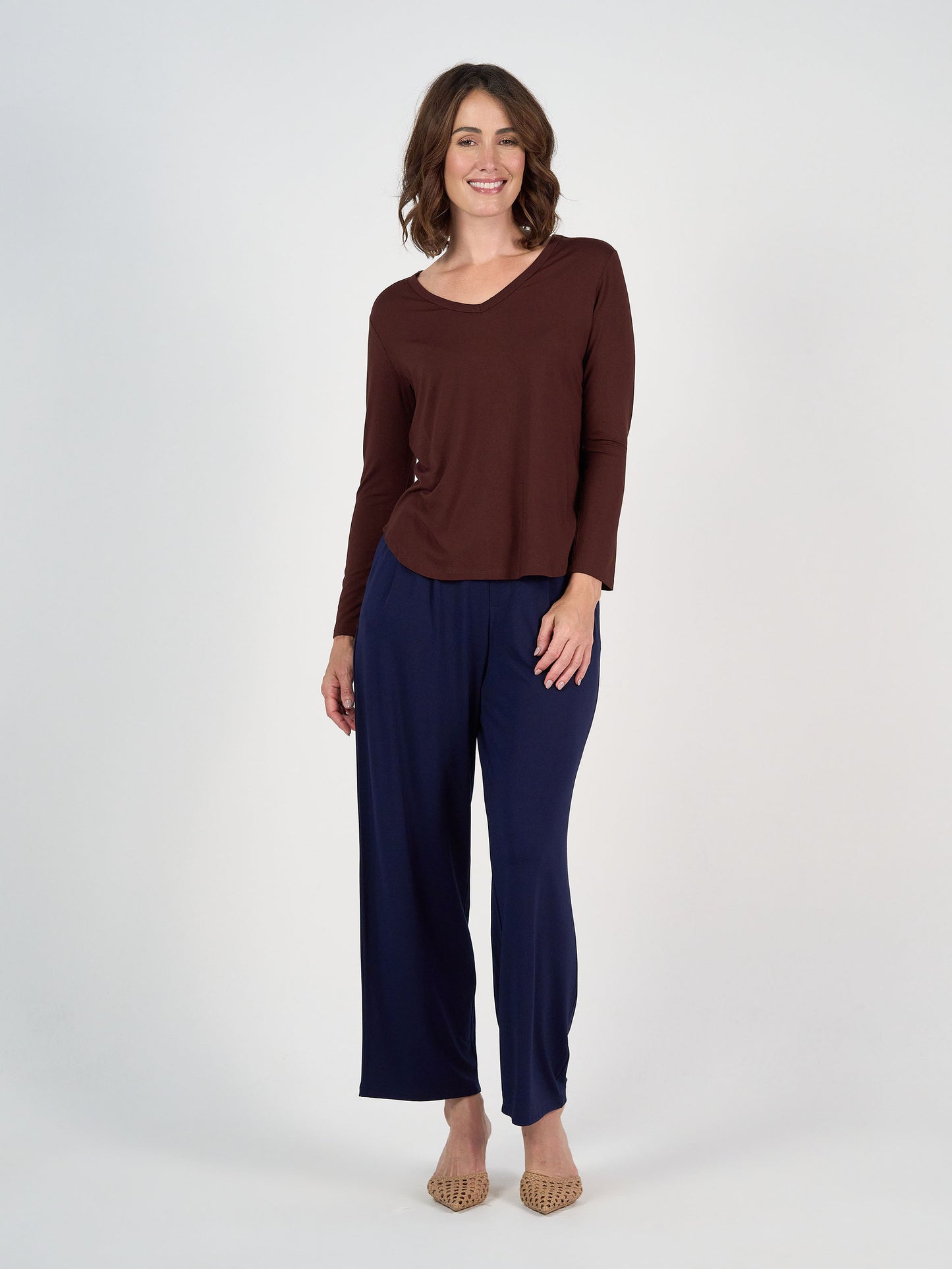 Sia V Neck Bamboo Longsleeve Top - Burgundy