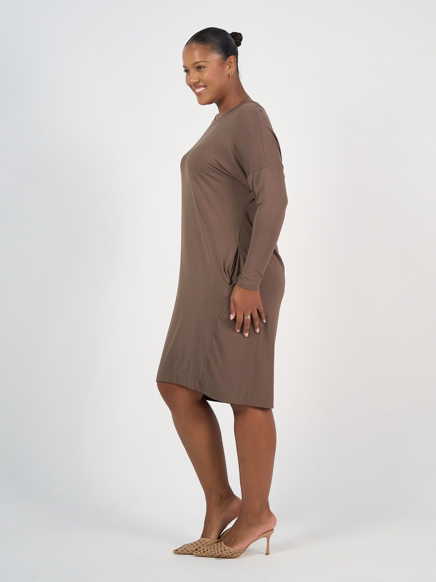 Turner Long-Sleeve Bamboo T-Shirt Dress - Chocolate