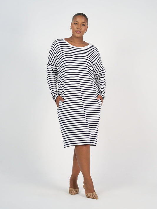 Turner Long-Sleeve Bamboo T-Shirt Dress - Navy & White Stripe