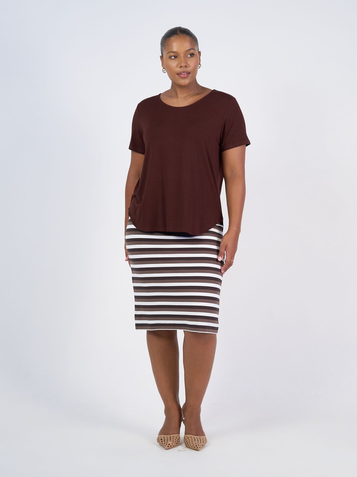 Midi Bamboo Whitney Tube Skirt - Brown Stripe
