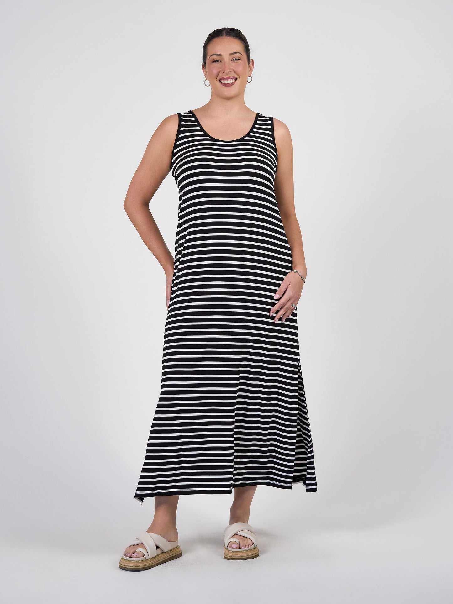 Janet Sleeveless Bamboo Maxi Dress - Black & White Stripe