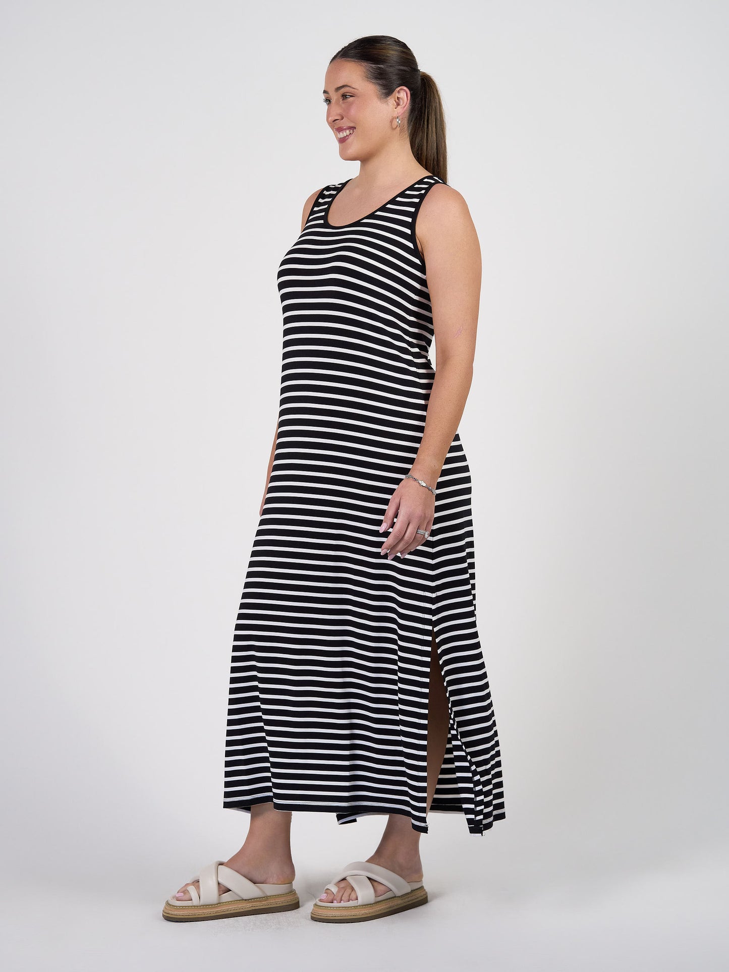 Janet Sleeveless Bamboo Maxi Dress - Black & White Stripe