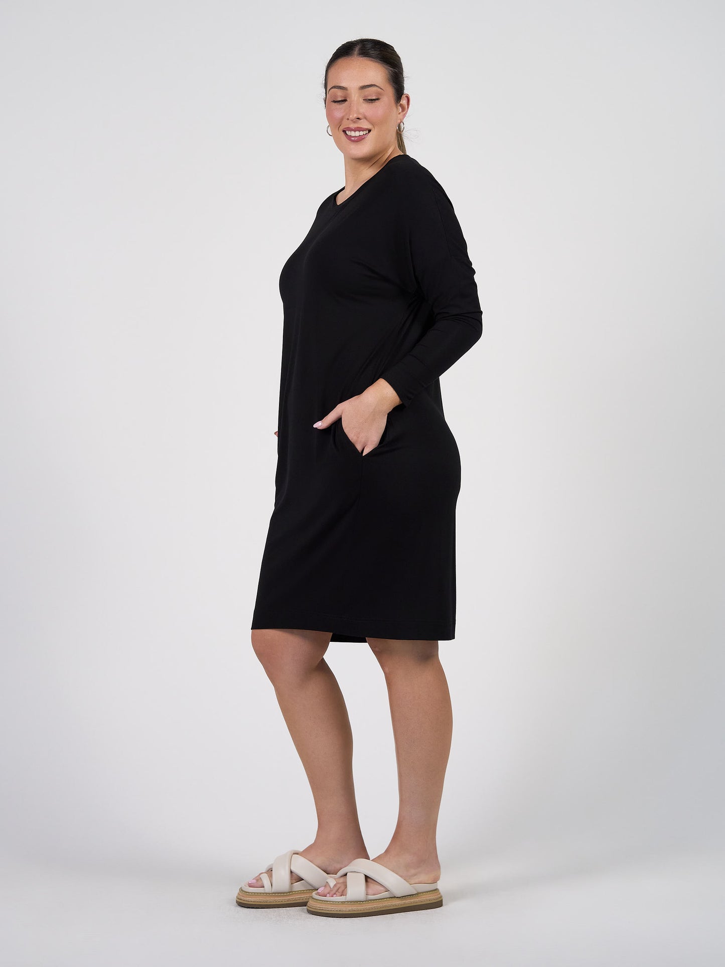 Turner Long-Sleeve Bamboo T-Shirt Dress - Black