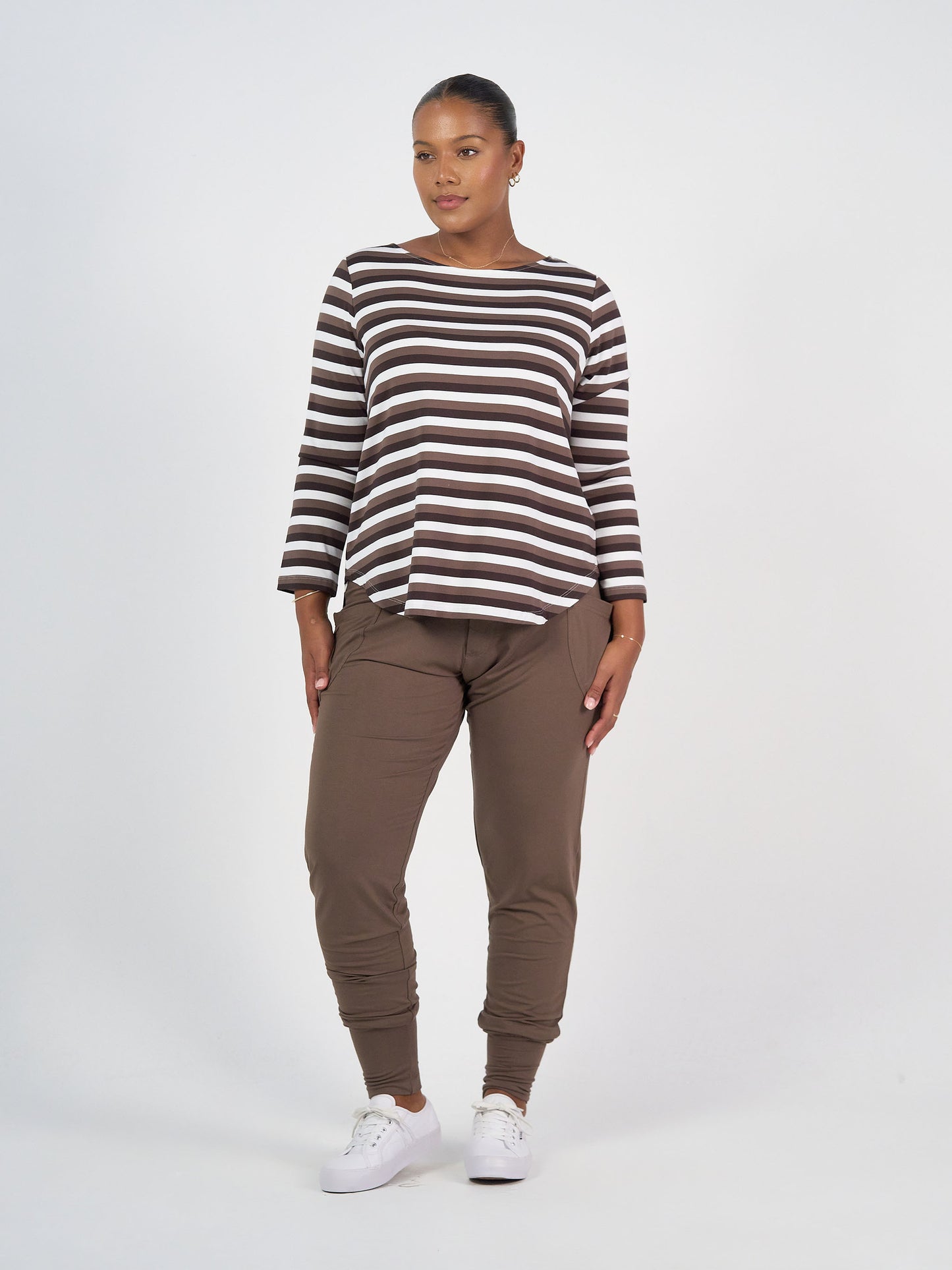 Adele Long Sleeve Bamboo Top - Brown Stripe