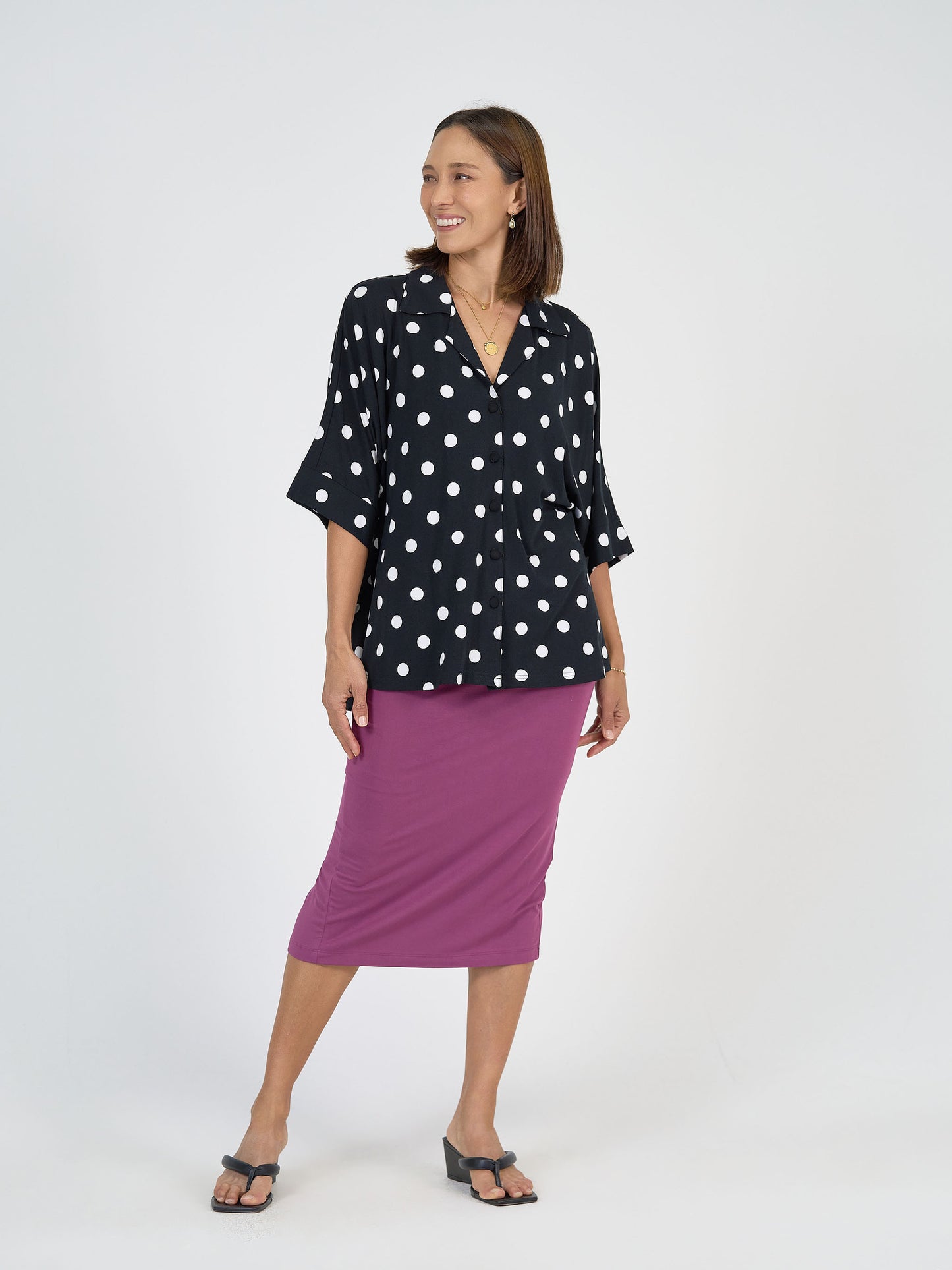 Lou Lou Australia Bamboo Black and White Polka Dot Shirt with purple tube skirt
