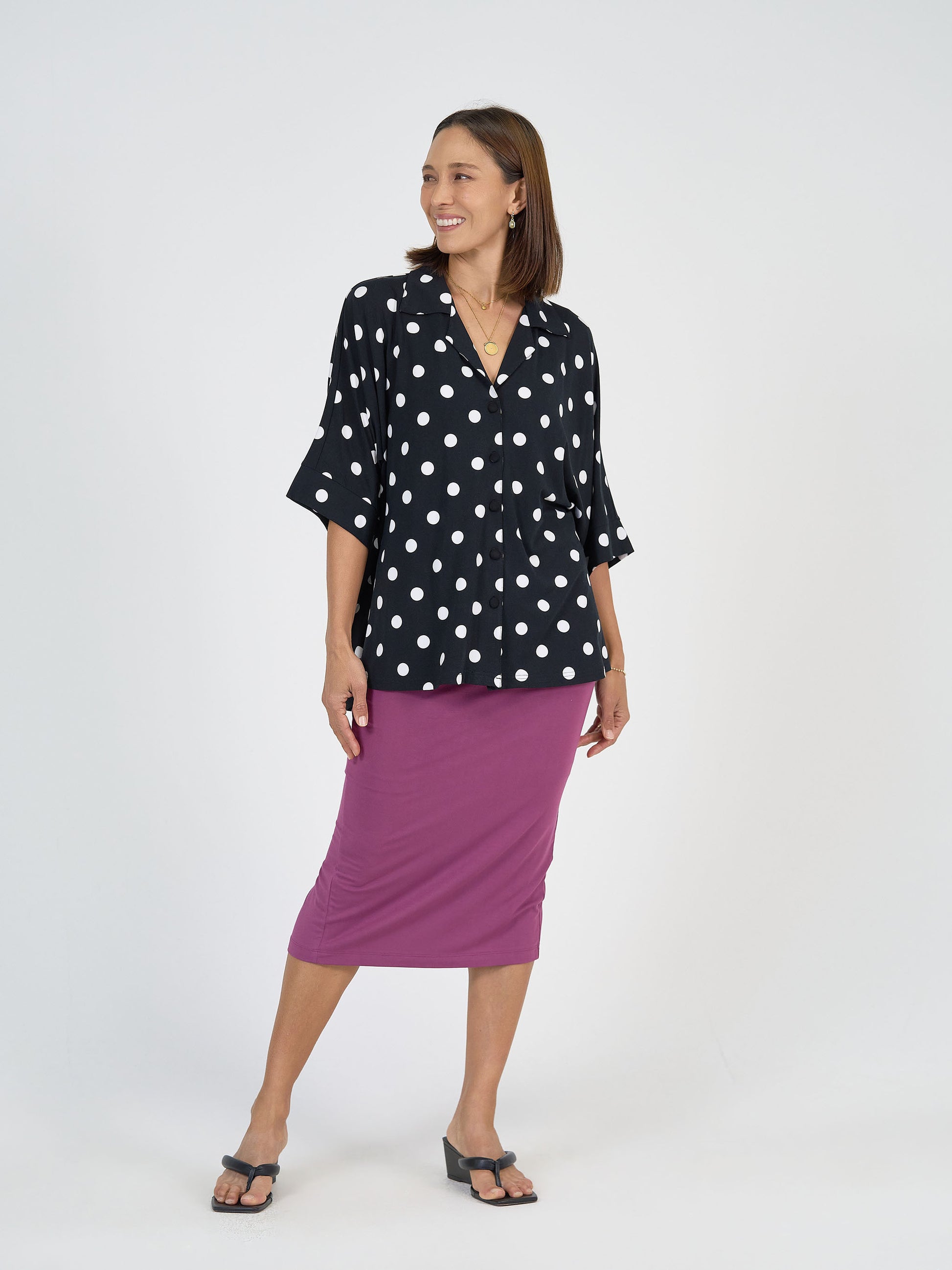 Lou Lou Australia Bamboo Black and White Polka Dot Shirt with purple tube skirt