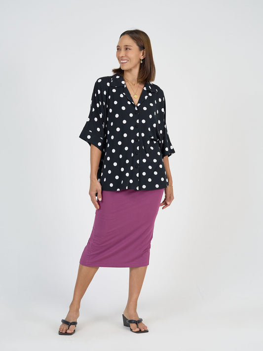 Lou Lou Australia Bamboo Black and White Polka Dot Shirt with purple tube skirt
