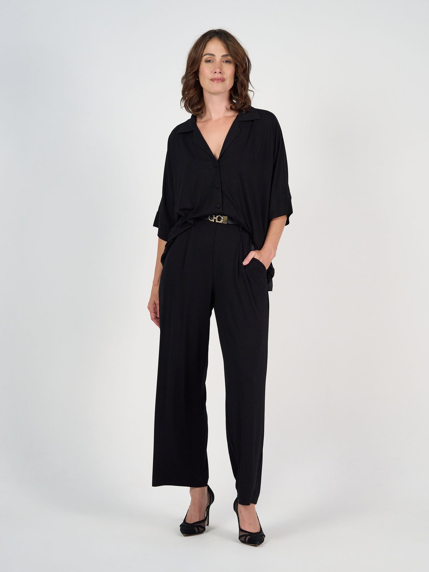 Alanis 3/4 Sleeve Collared Bamboo Shirt - Black