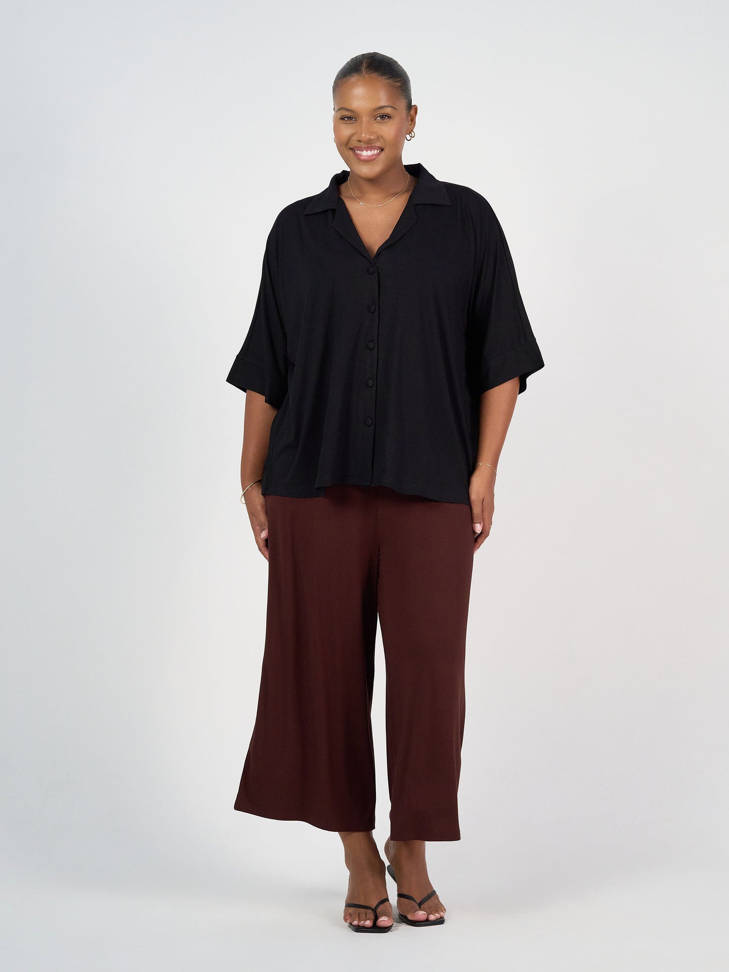 Alanis 3/4 Sleeve Collared Bamboo Shirt - Black