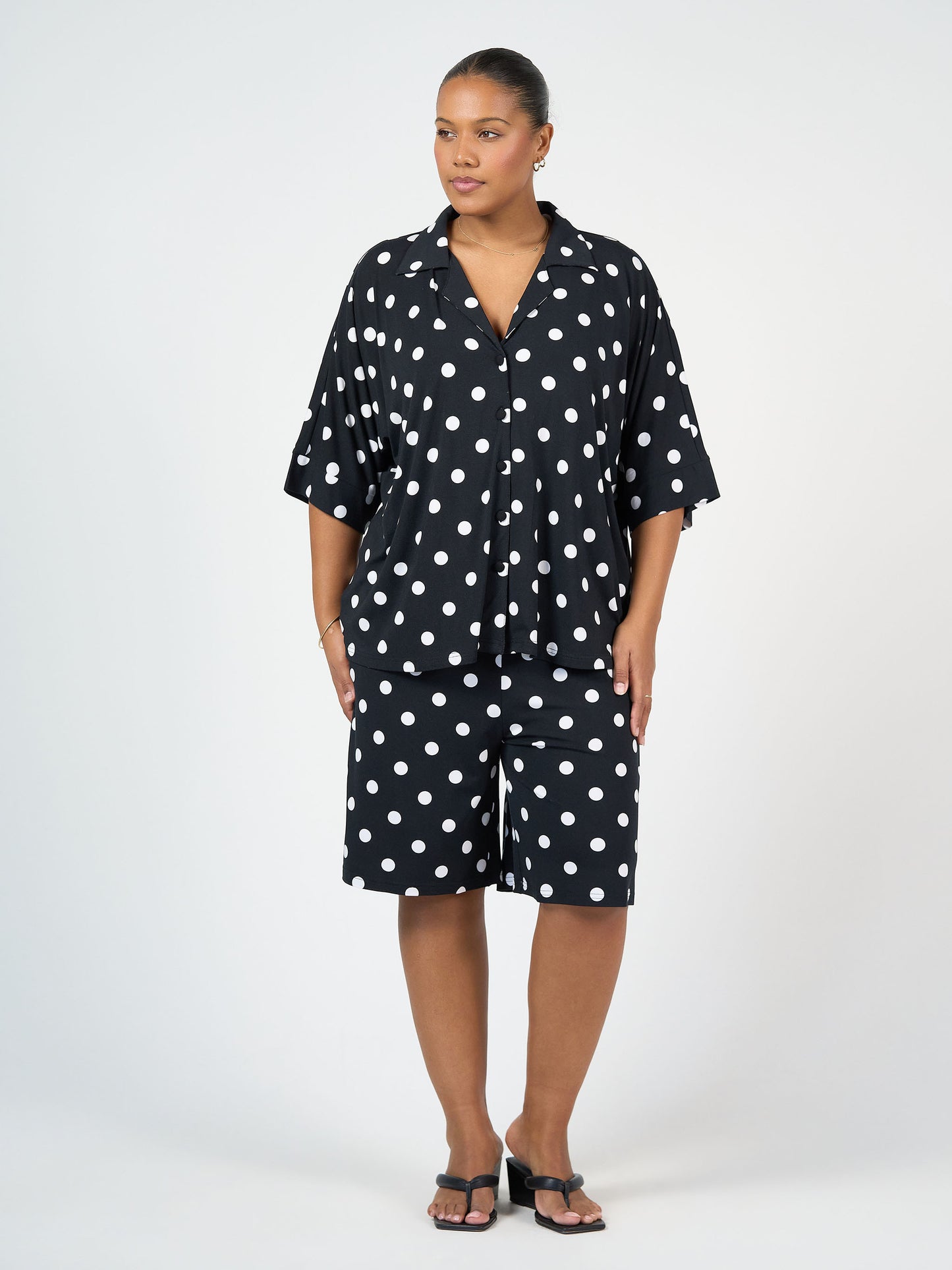 Lou Lou Australia Bamboo Black and White Polka Dot Shirt with wide leg Shorts 