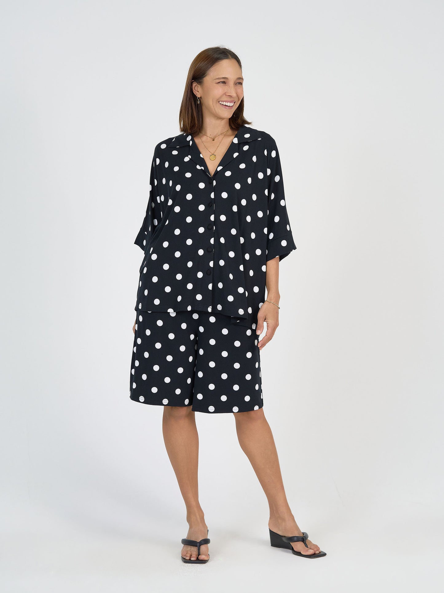 Lou Lou Australia Bamboo Black and White Polka Dot Shirt with wide leg Shorts 