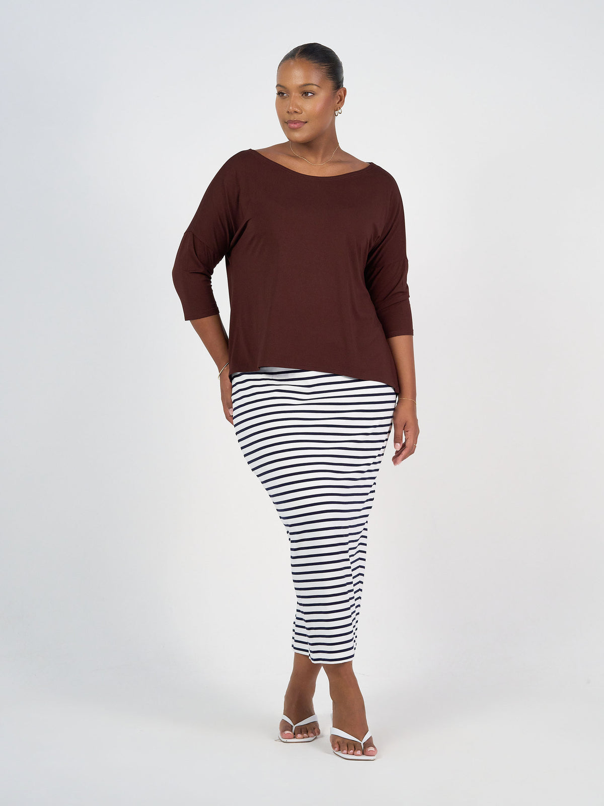 The Tee & Top Set by Lou Lou Australia: dark brown bamboo boat-neck tee with relaxed fit long sleeves.