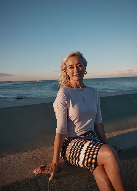 Lou Lou Australia Midi Bamboo Whitney Tube Skirt - Stripe, featuring a stretch waistband in light bamboo material.