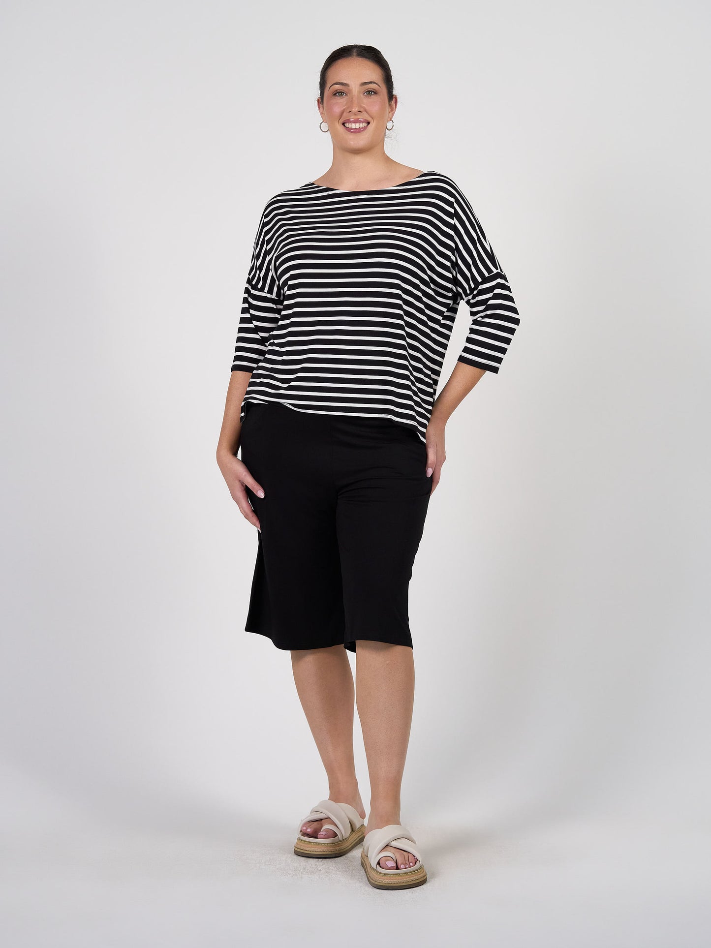 Camila 3/4 Sleeve Bamboo Top - Black & White Stripe
