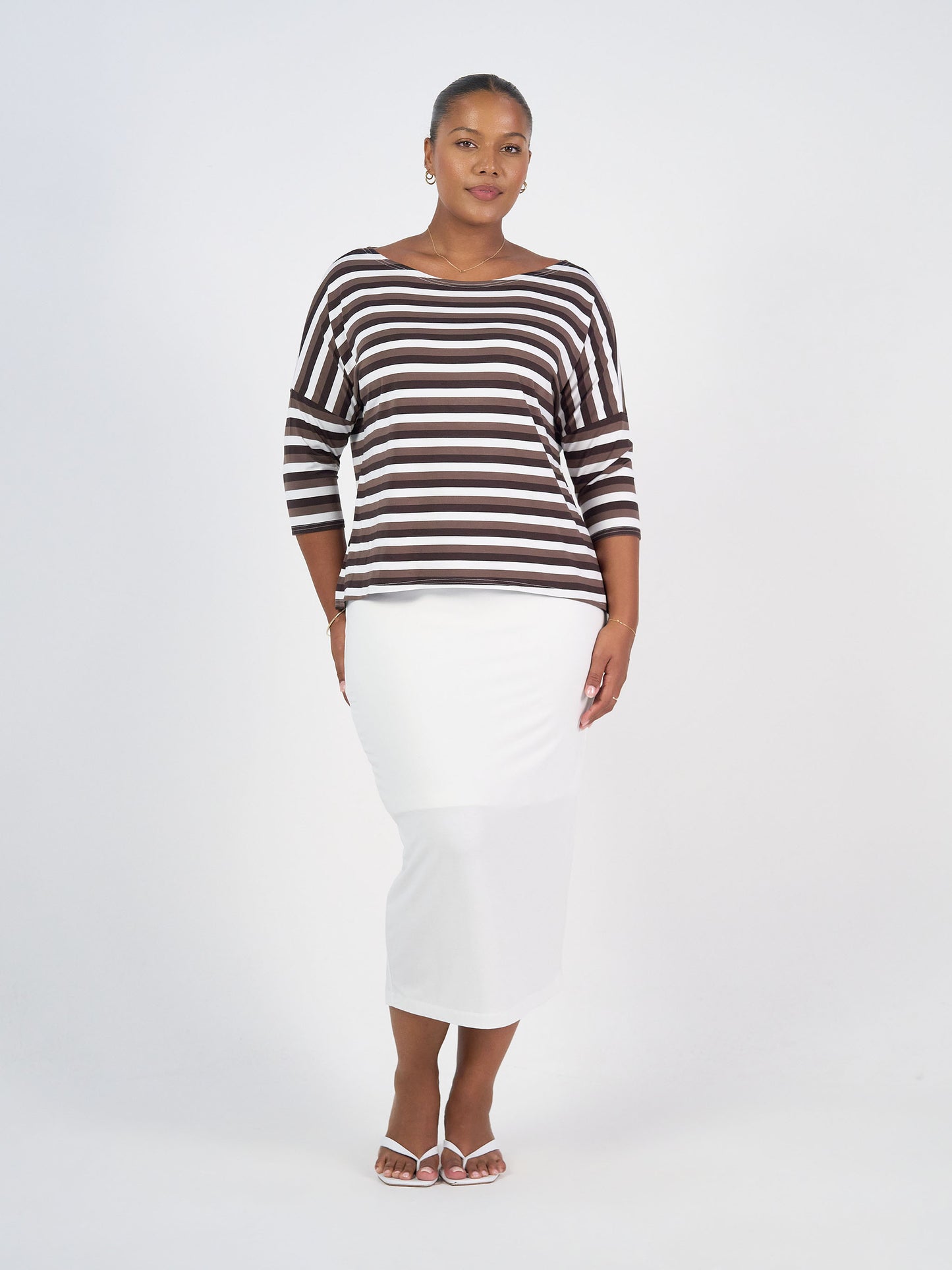 Camila 3/4 Sleeve Bamboo Top - Brown Stripe