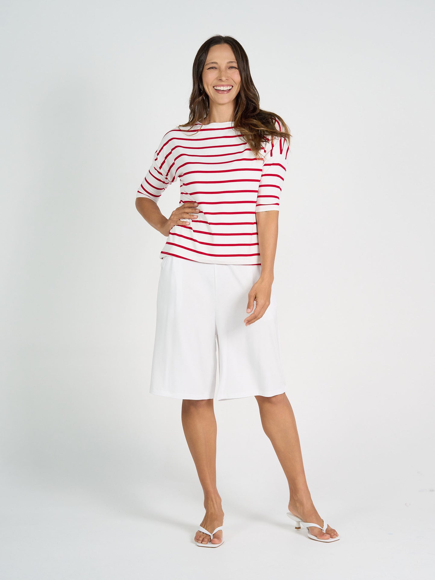 Camila 3/4 Sleeve Bamboo Top - Lipstick & White Stripe