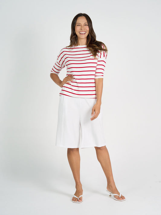 Camila 3/4 Sleeve Bamboo Top - Lipstick & White Stripe