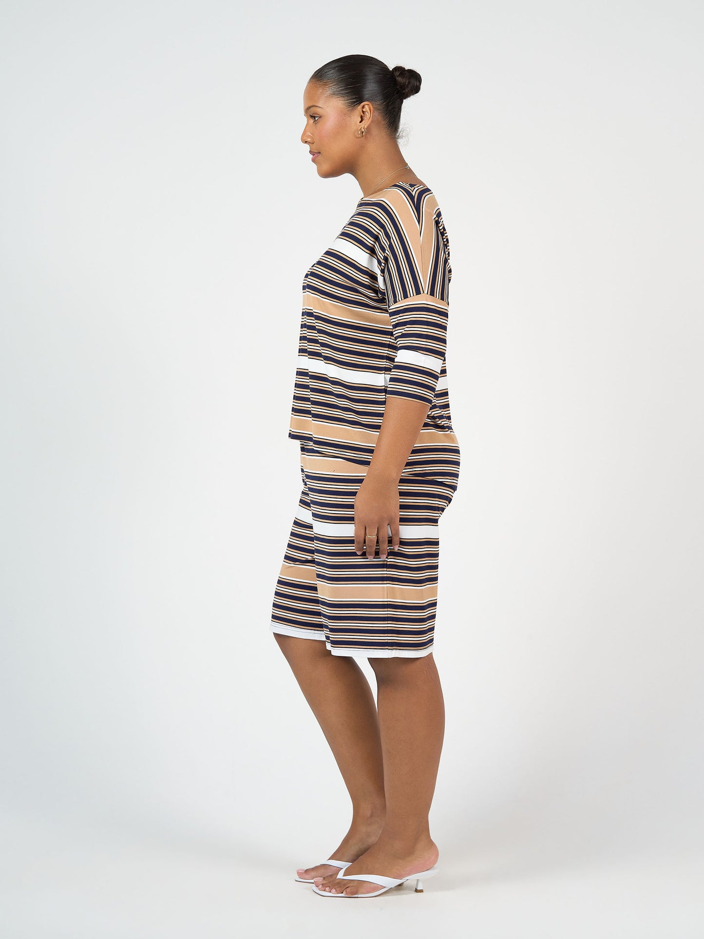 Lou Lou Australia Bamboo Tan Stripe Top and wide leg knee length shorts