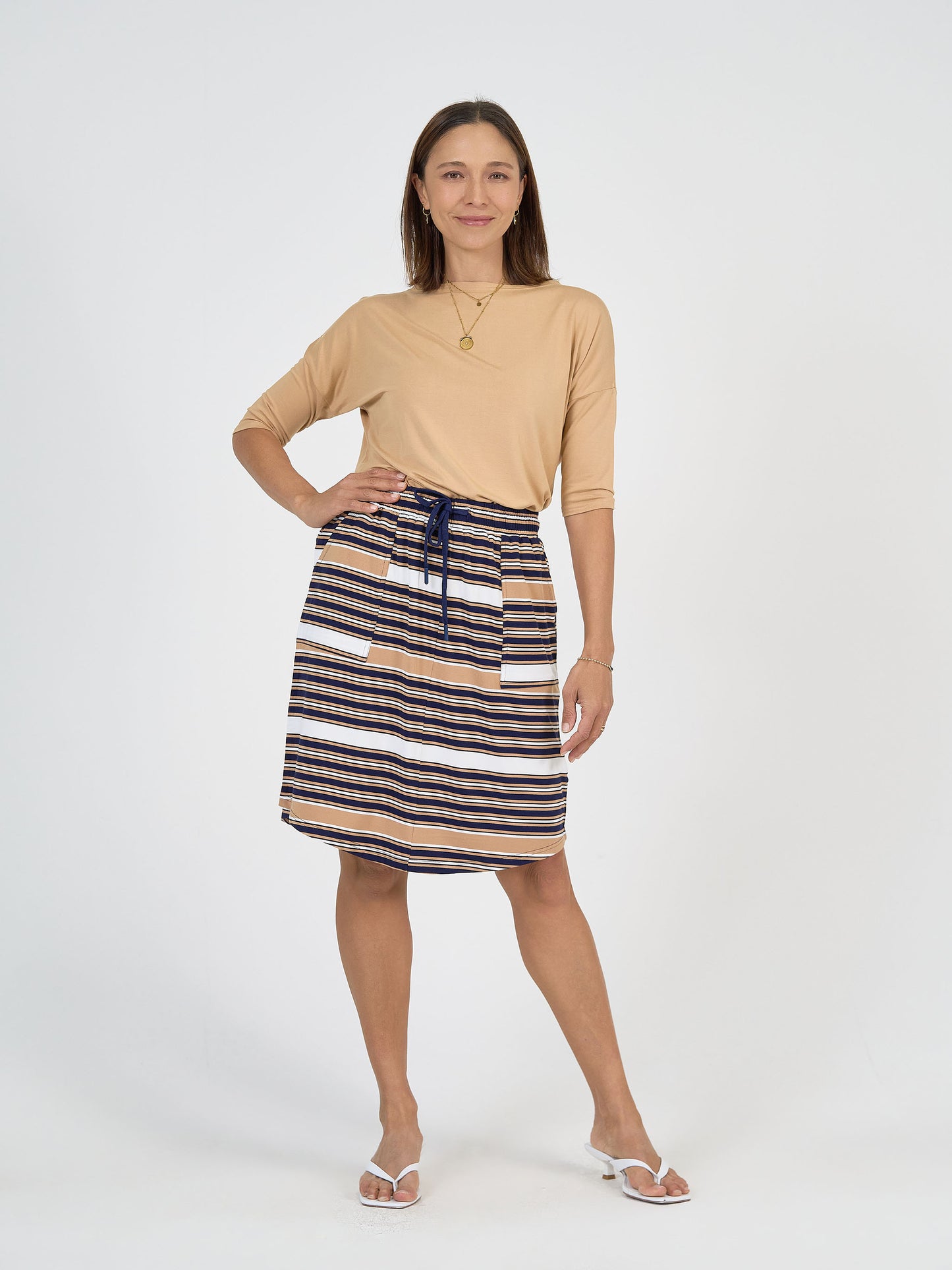Lou Lou Australia Bamboo Tan 3/4 Sleeve Top and Stripe Skirt with pockets
