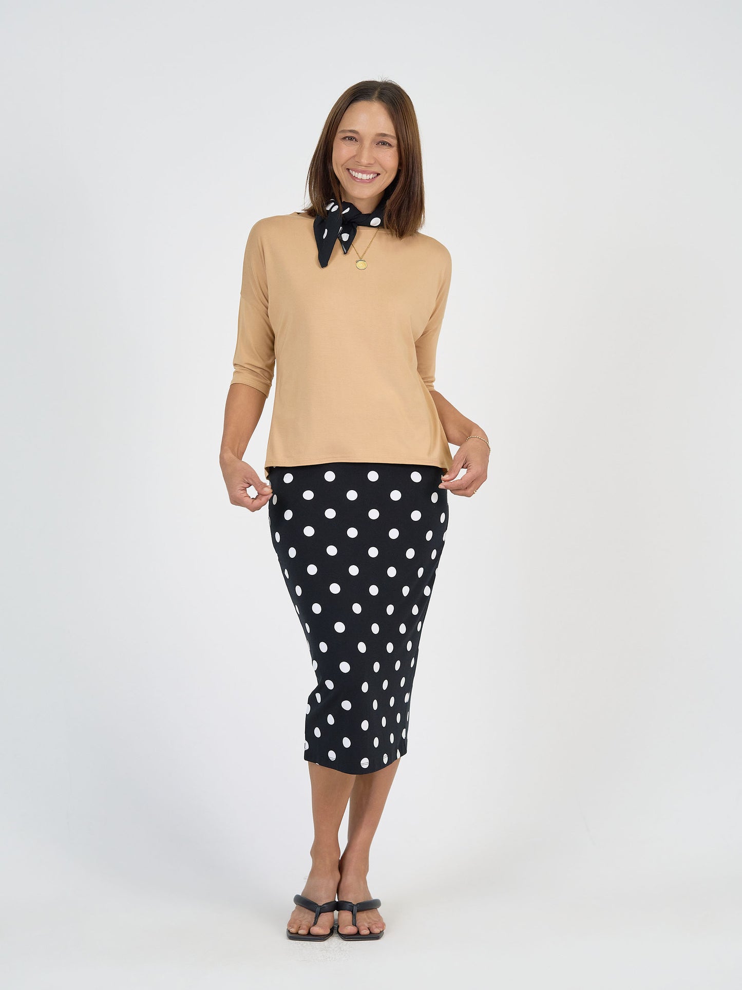 Lou Lou Australia Bamboo Tan 3/4 Sleeve Top and Black and White Polka Dot Tube Skirt