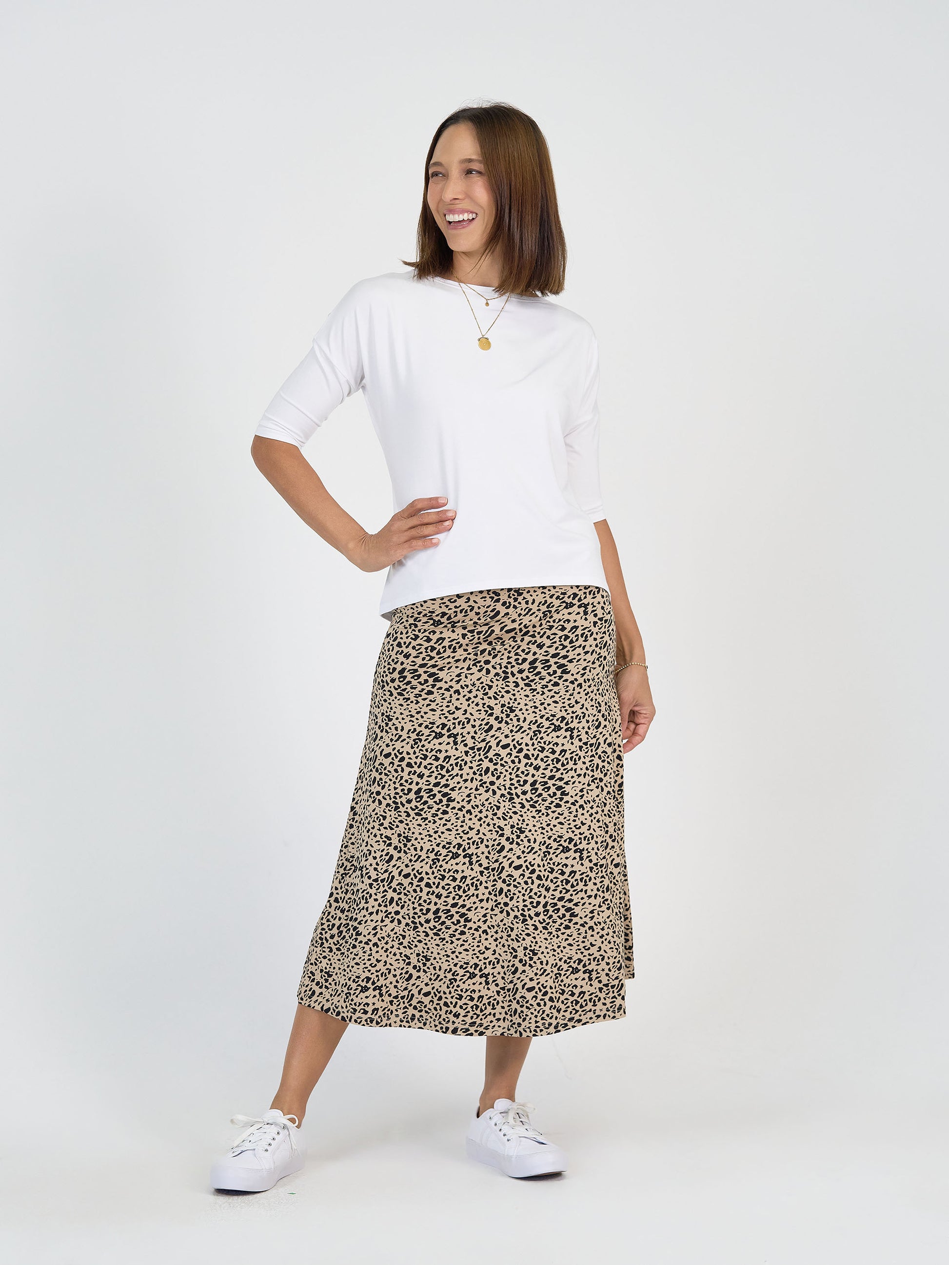 Lou Lou Australia Leopard Print Maxi Skirt and White 3/4 Sleeve Top