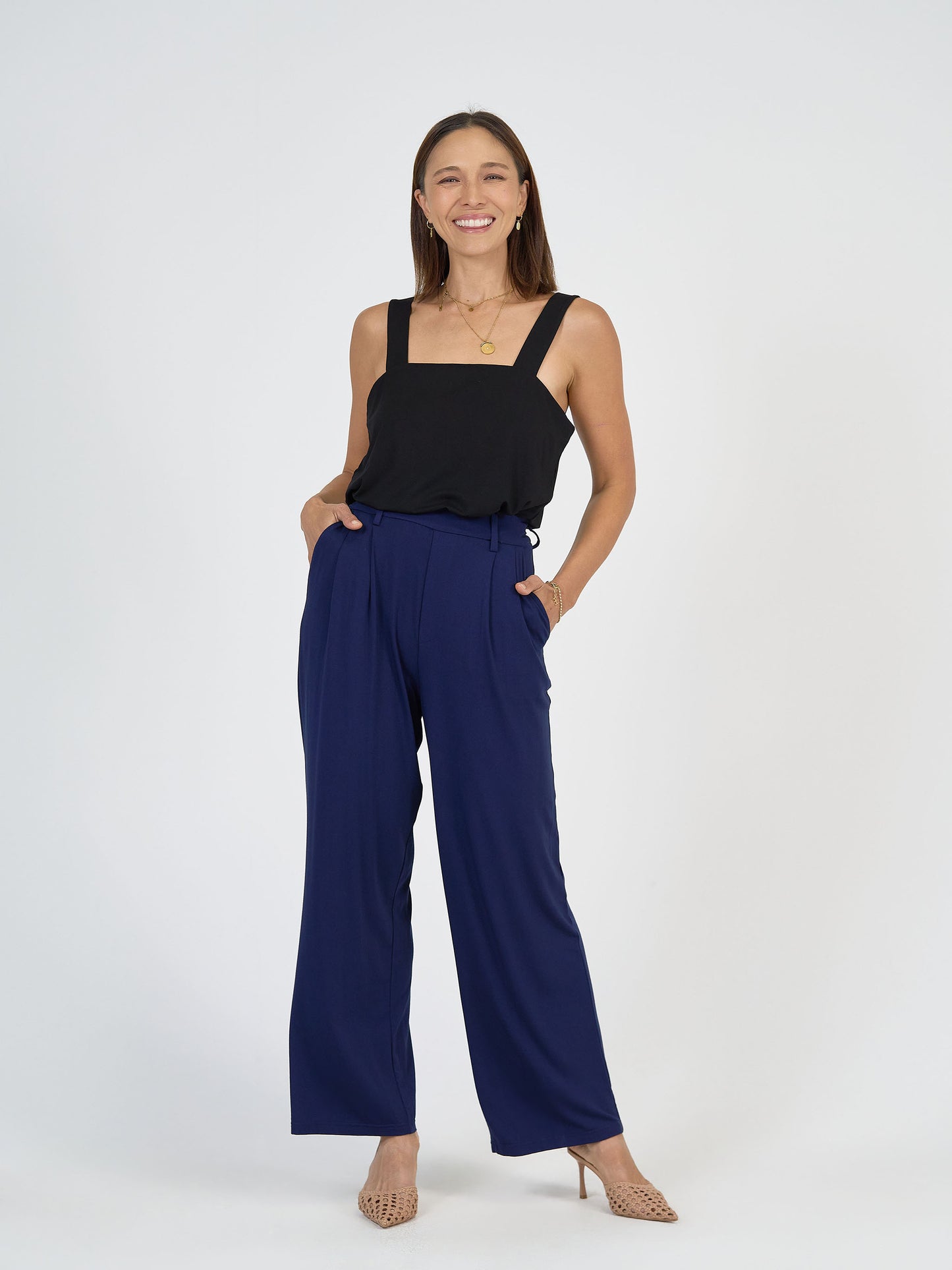 Lou Lou Australia Bamboo Black Sleeveless Top and Navy Wide Leg Pant