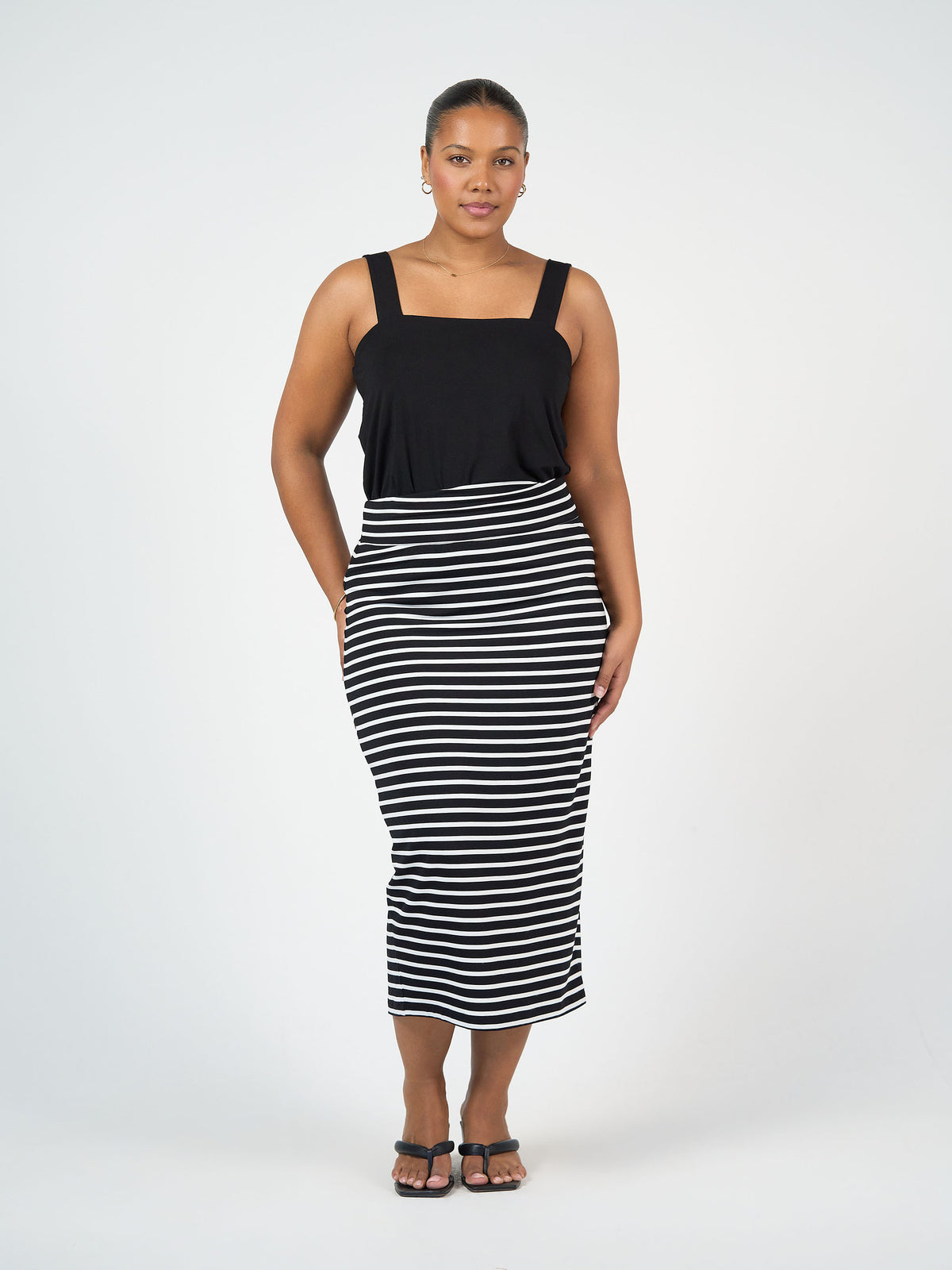 Lou Lou Australia Maxi Bamboo Whitney Tube Skirt in Black & White Stripe, fitted and ankle-length, made from soft bamboo fabric.