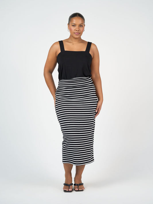 Lou Lou Australia Maxi Bamboo Whitney Tube Skirt in Black & White Stripe, fitted and ankle-length, made from soft bamboo fabric.