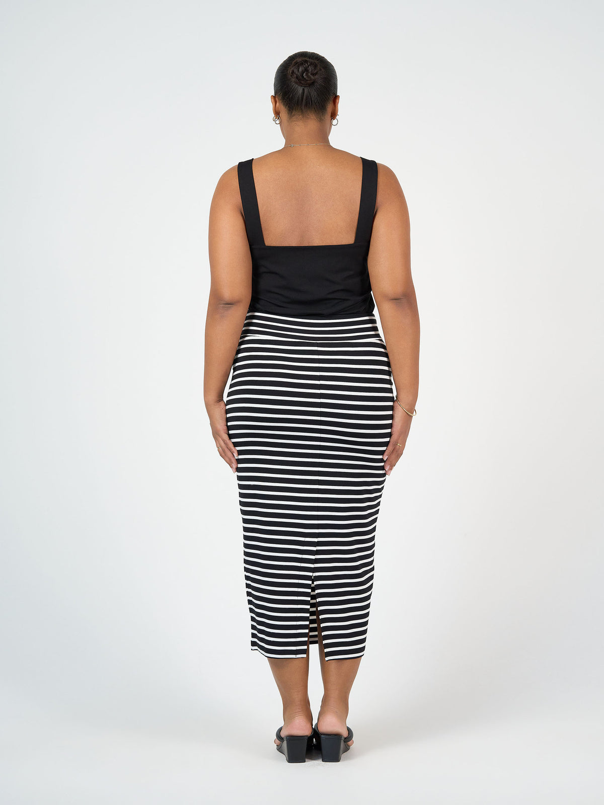 Lou Lou Australia Maxi Bamboo Whitney Tube Skirt in Black & White Stripe with a back slit.
