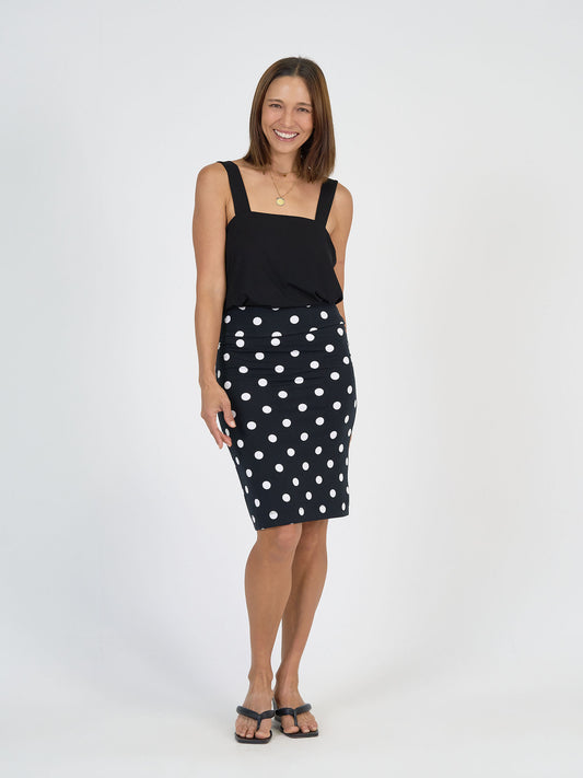 Lou Lou Australia Bamboo Black Sleeveless Top and Black and White Knee Length Polka Dot Tube skirt
