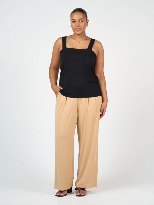 Lou Lou Australia Bamboo Black Sleeveless Top and Tan Wide Leg Pant