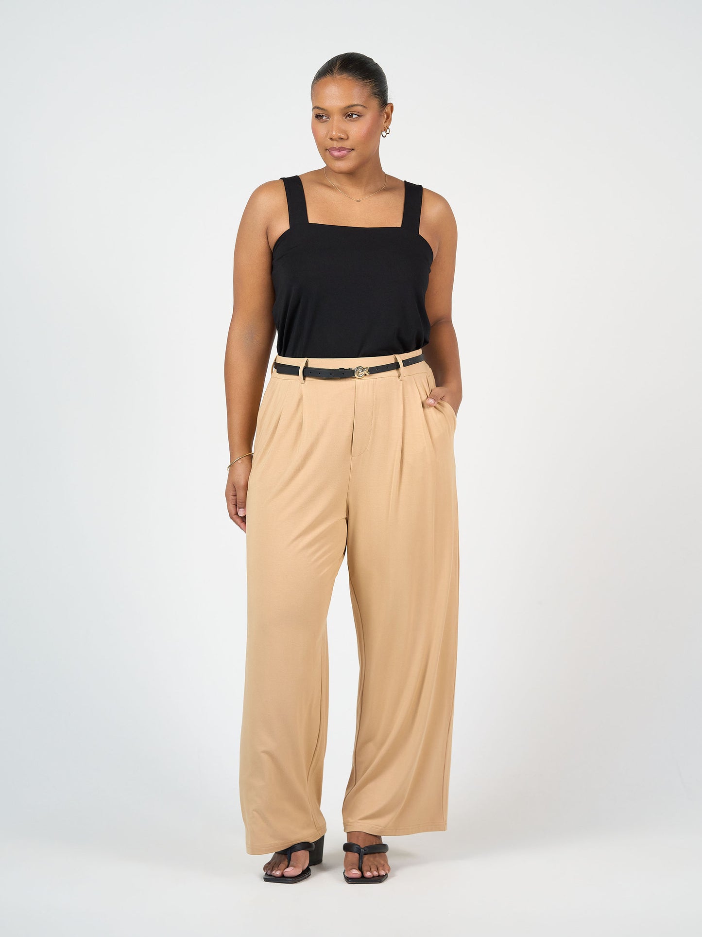 Lou Lou Australia Bamboo Black Sleeveless Top and Tan Wide Leg Pant