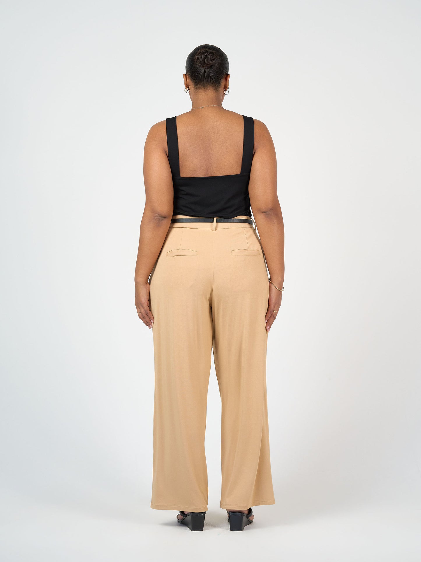 Lou Lou Australia Bamboo Black tank top and tan-beige wide-leg pants 