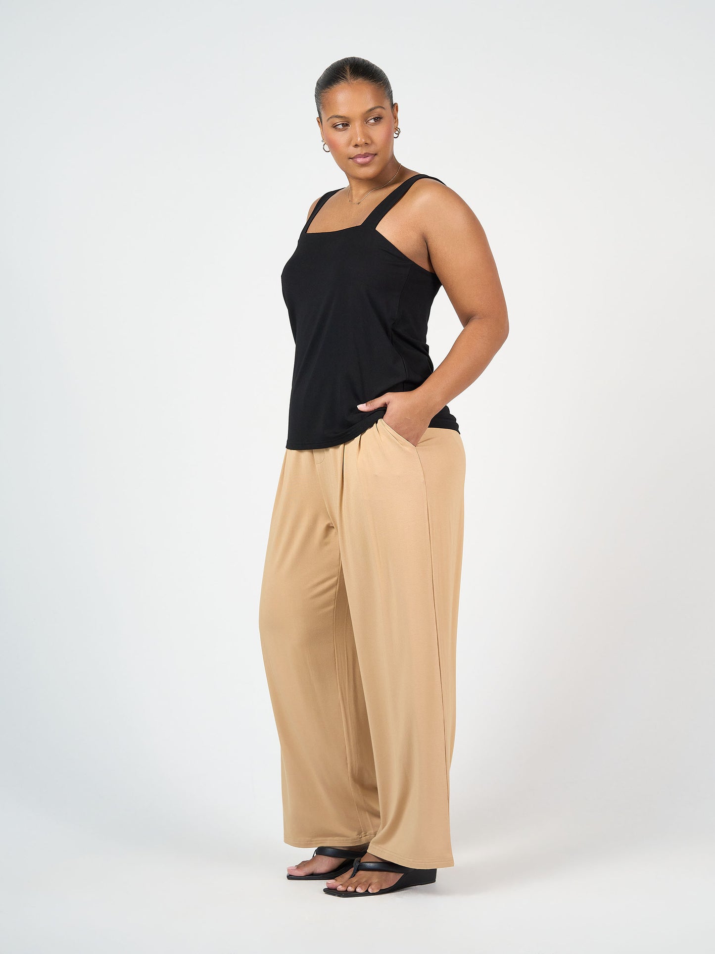 Lou Lou Australia Bamboo Black Sleeveless Top and Tan Wide Leg Pant