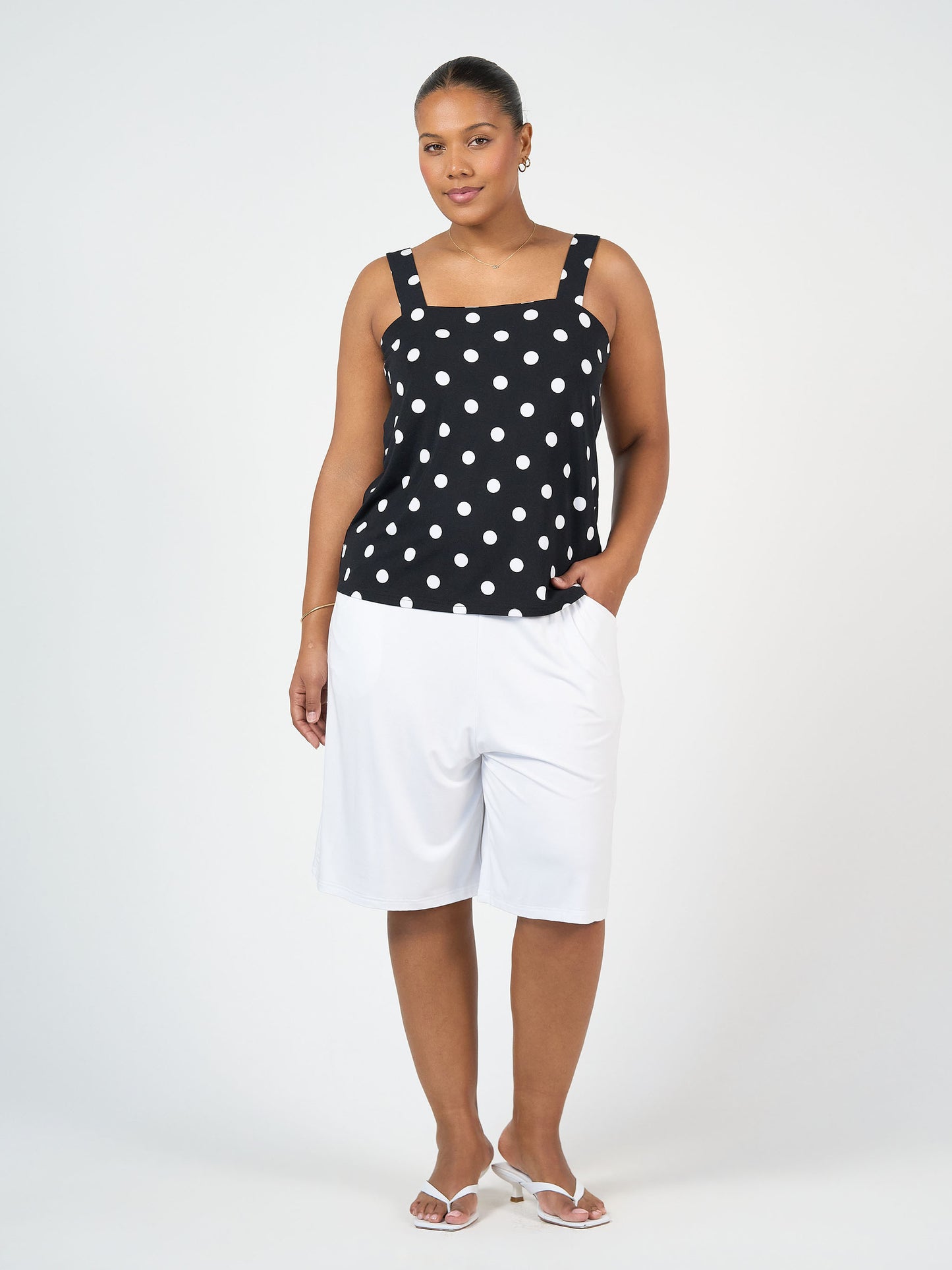 Lou Lou australia Black and white polka dot top and White Wide Leg knee length shorts