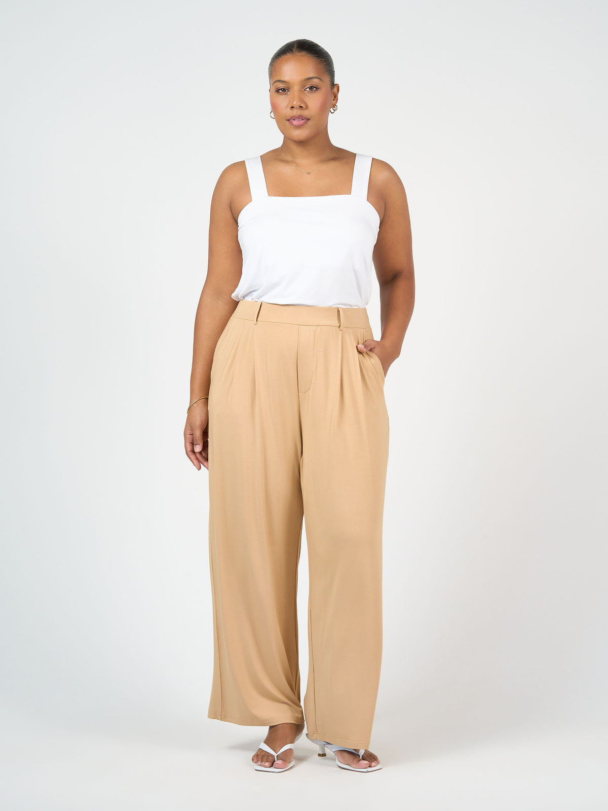 Lou Lou Australia Bamboo white tank top and tan-beige wide-leg pants 