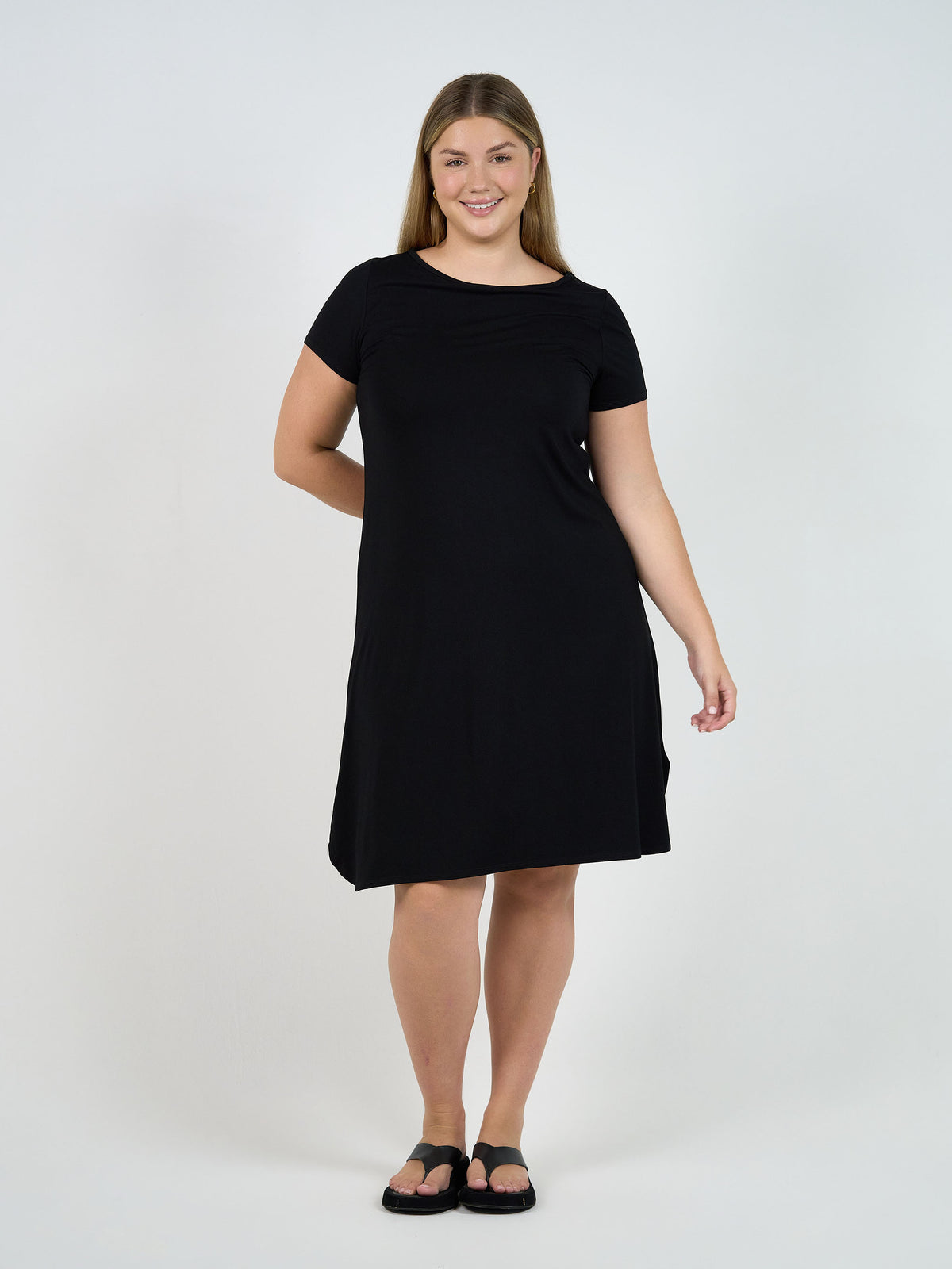 Lou Lou Australia Cher Bamboo Short Sleeve T-Shirt Dress in black, made from soft bamboo fabric.